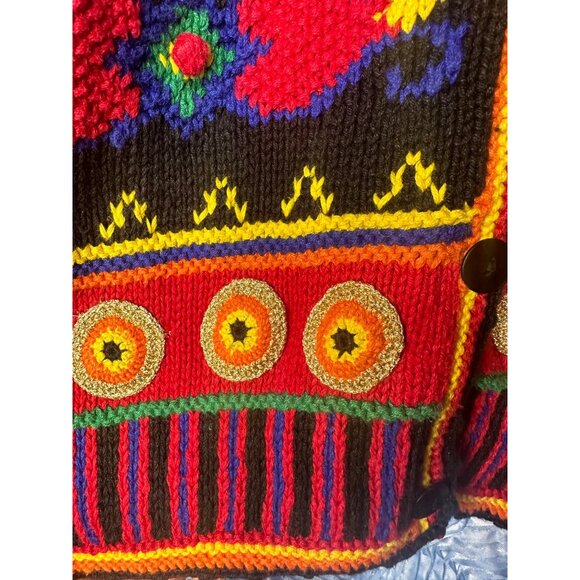 Colorful Expressive Womans Cardigan Sweater Size M Black Red Yellow & Blue Wool - Picture 4 of 7